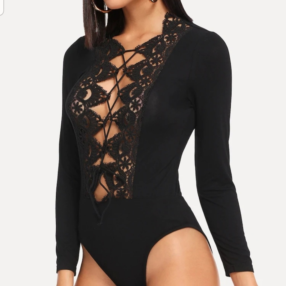 Shein Lace Trim Tie Up Long Sleeved Bodysuit